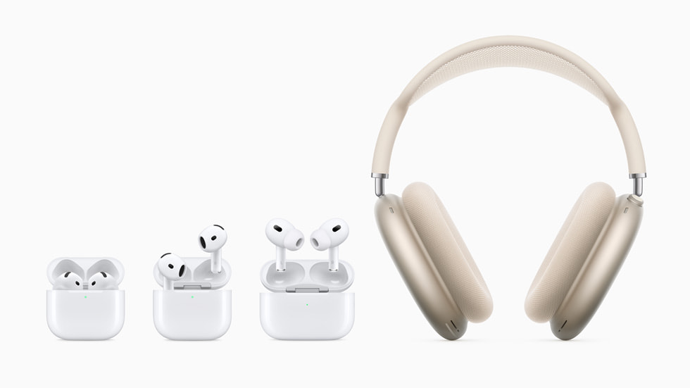 AirPods 4, AirPods 4 with Active Noise Cancellation, AirPods Pro and AirPods Max lined up on a white background