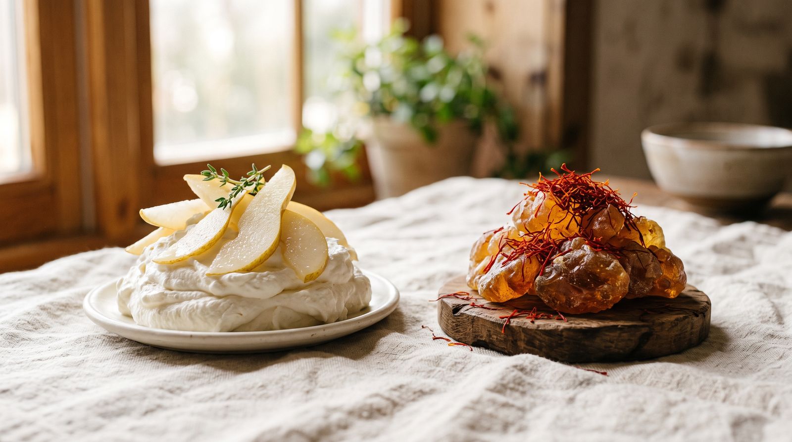 Whipped cream with sliced pear beside saffron threads on amber resin, on cream linen