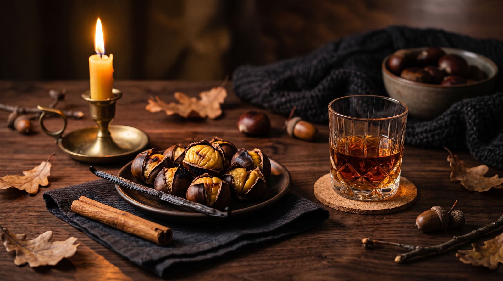 Roasted chestnuts, a vanilla pod, cinnamon sticks and a glass of rum by candlelight on dark walnut