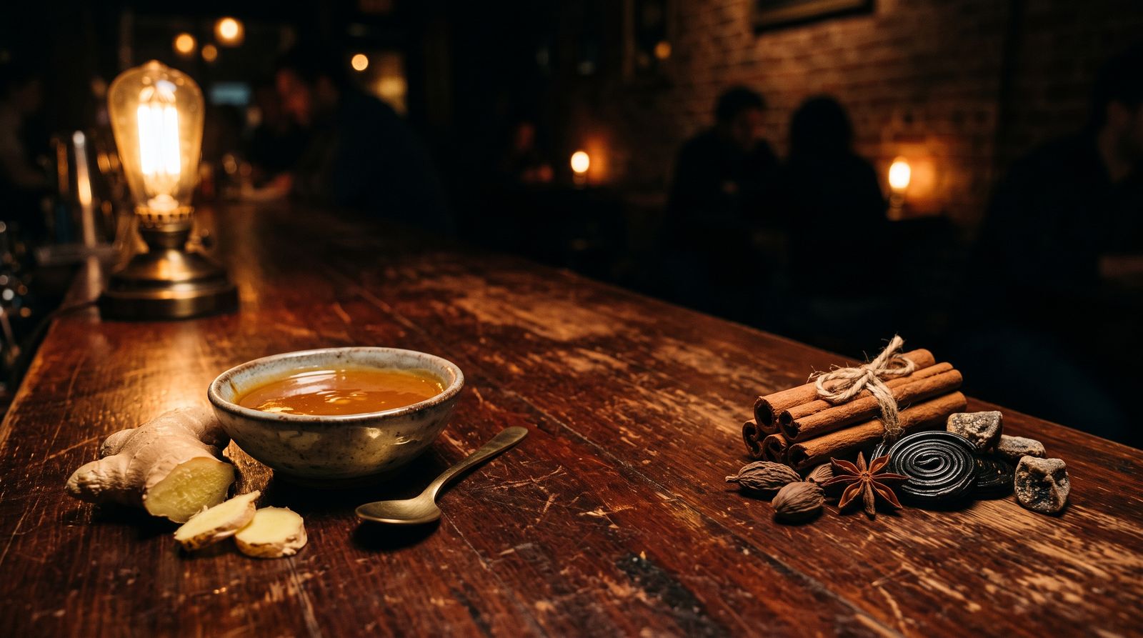A bowl of caramel with fresh ginger beside cinnamon, cardamom, star anise and licorice on a dark bar top