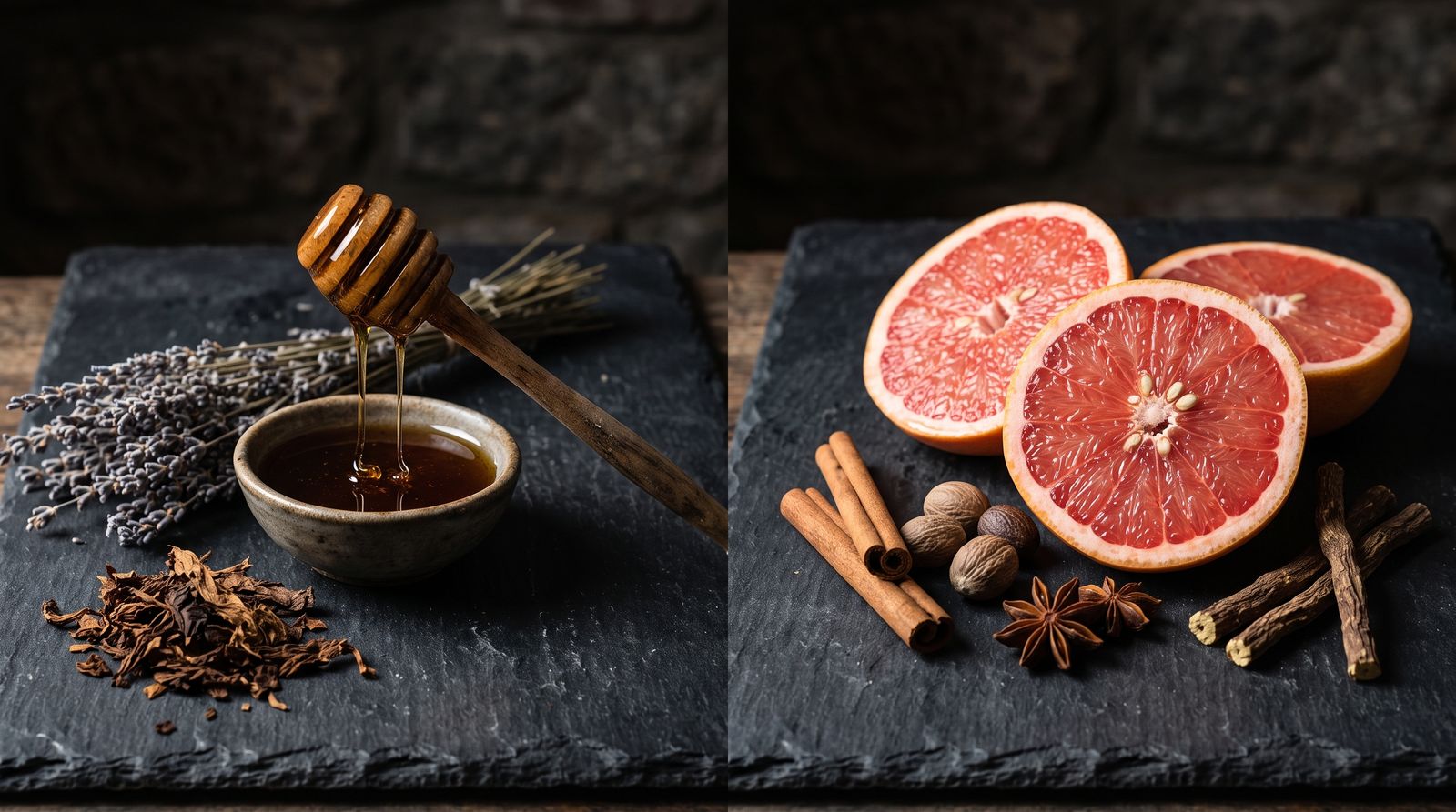 Honey dripping from a dipper beside lavender and tobacco leaf, and grapefruit halves with cinnamon, nutmeg and licorice root, on slate