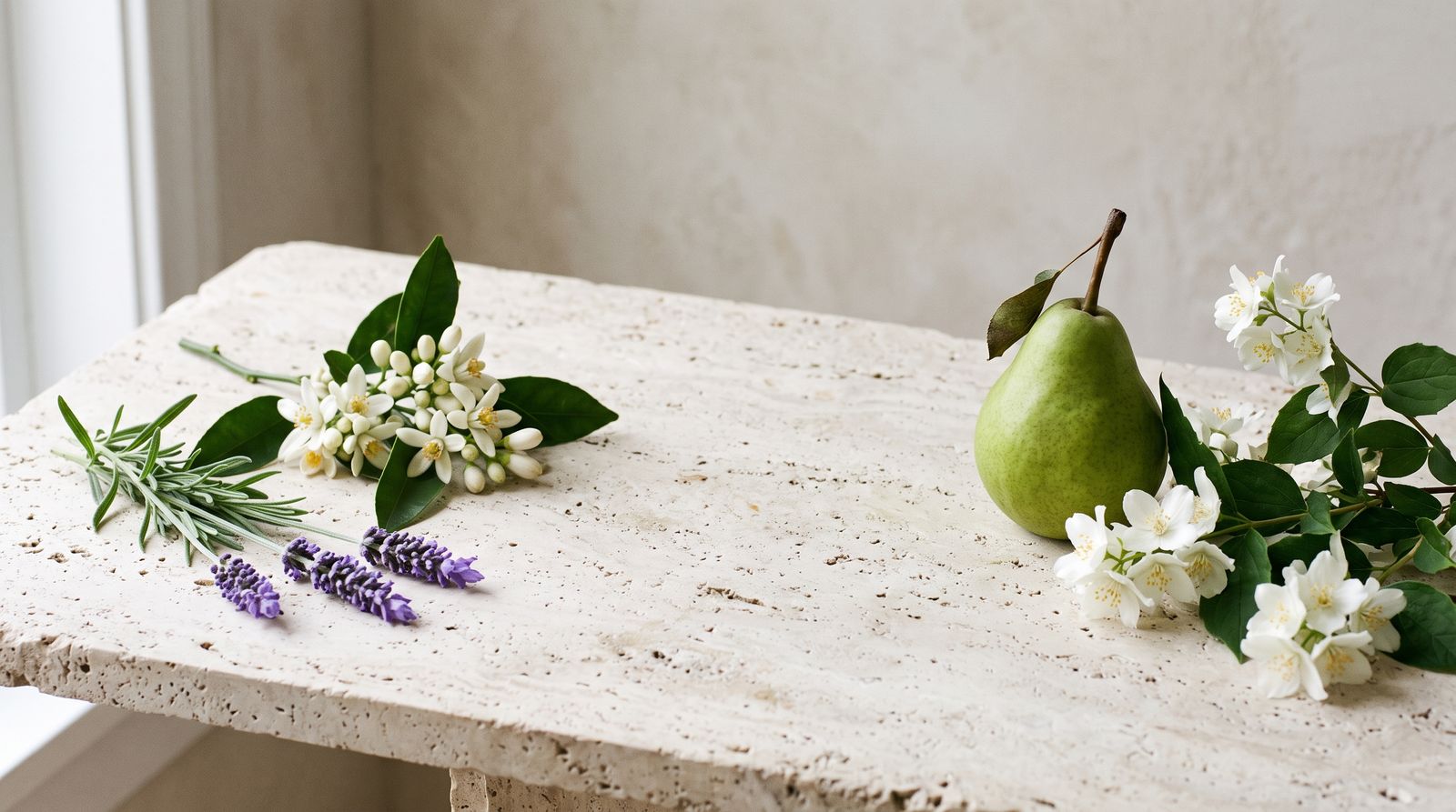 Lavender and orange blossom on one side, a green pear and jasmine on the other, on pale travertine